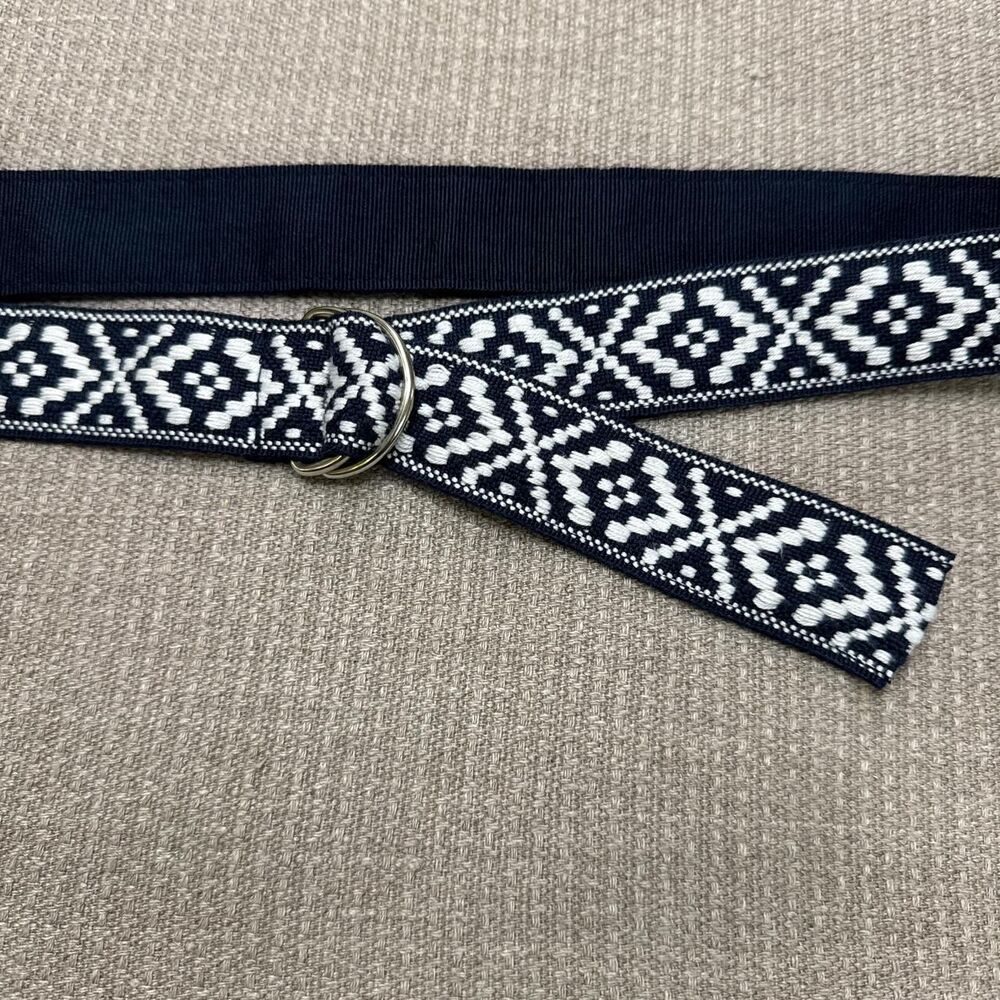 Navy & White D-ring Buckle Embroidered Boho Hippie Belt Southwest Geo Pattern